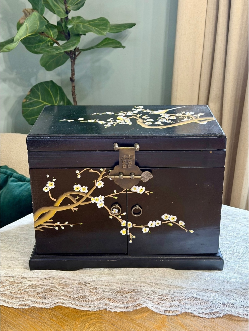Vintage Chinese Lacquer Jewelry Box Hand Painted Birds Red Brocade
